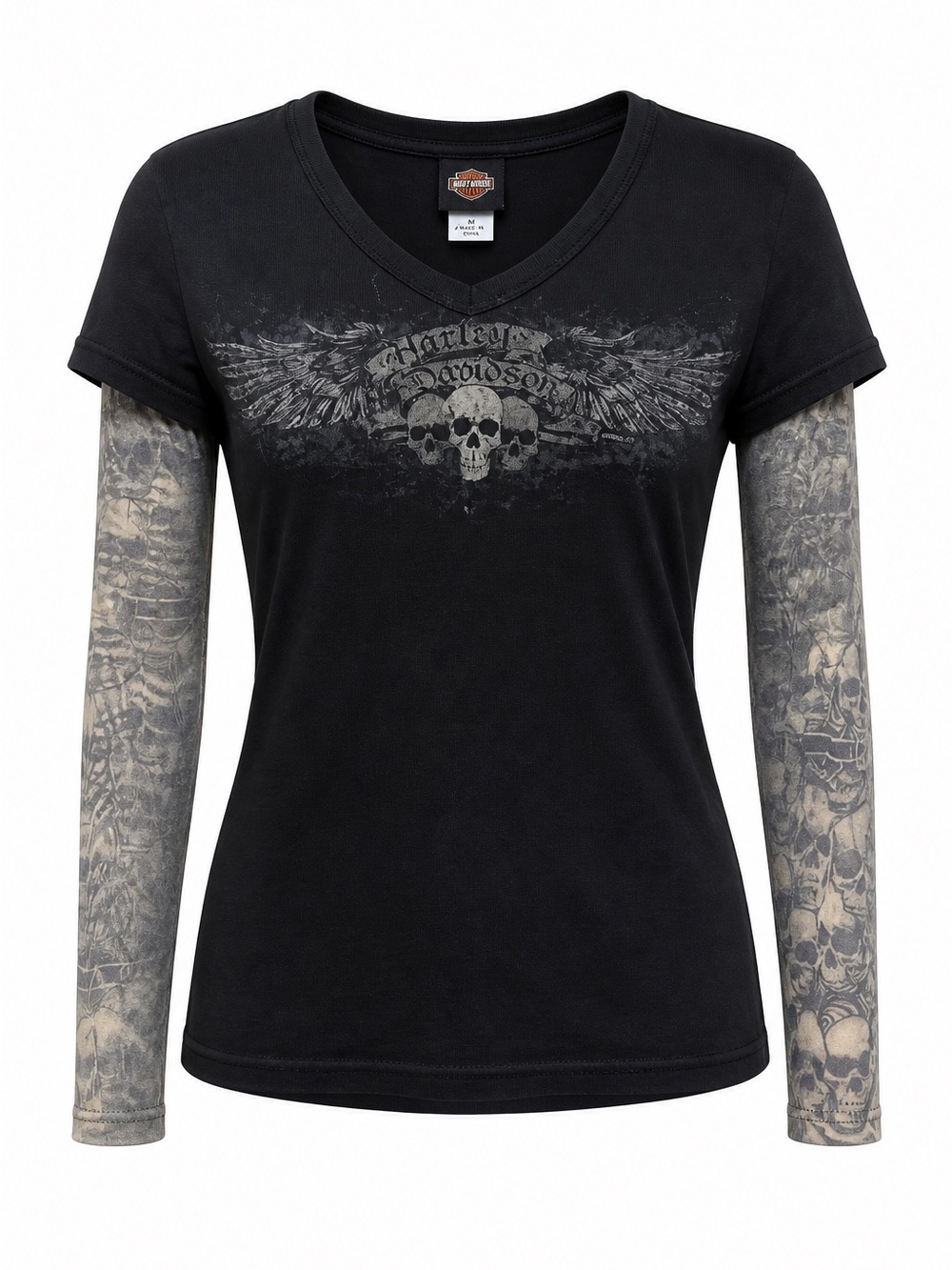Harley-Davidson Black V-Neck Layered-Look Skull Graphic Top